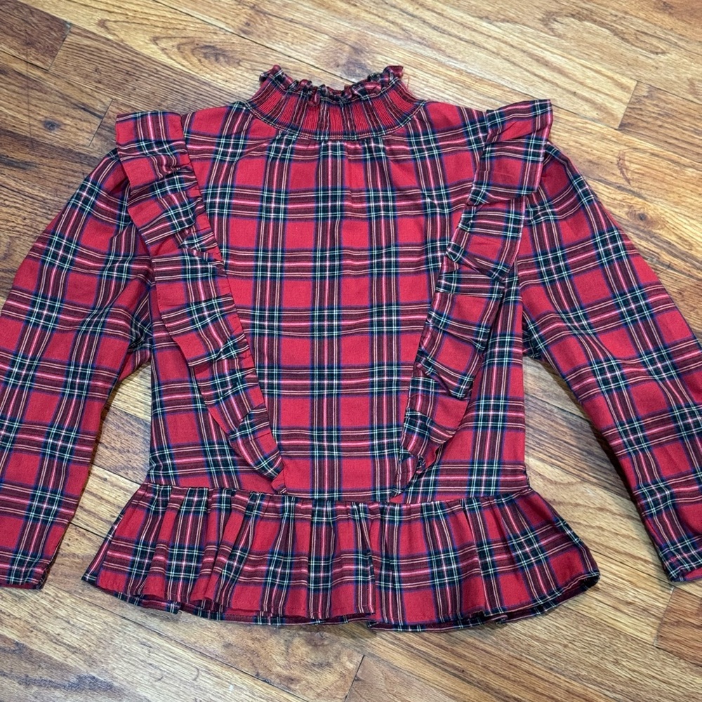 English Factory Red Plaid Ruffle Blouse